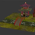 Cartoon Scenic Scene With Red Pavilion Red Bridge Stream Grass And Withered Tree
