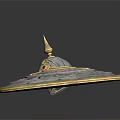 Intricate Cosmic Space Exploration Artifact With Circular Gold Silver Accents And Spire Top Design