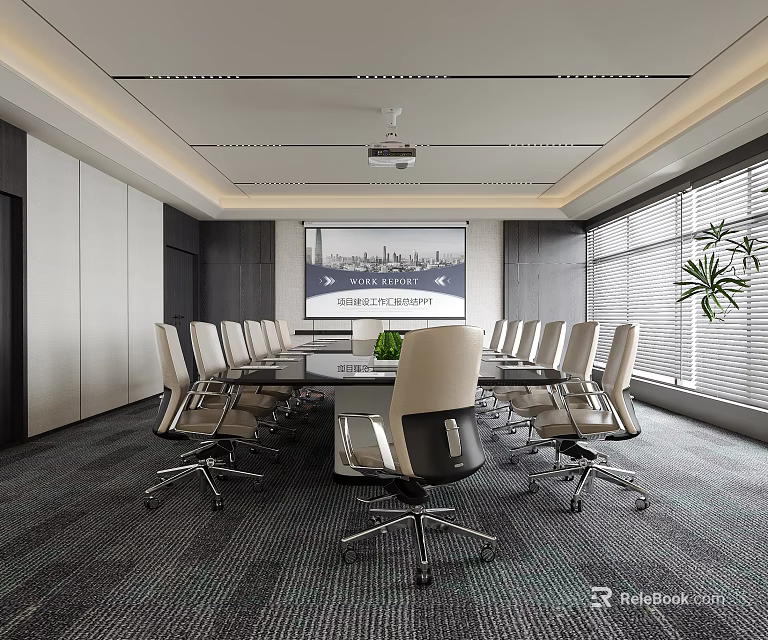 Modern Conference Room Interior With Long Table Chairs Projection Screen Windows And Blinds 3d model 