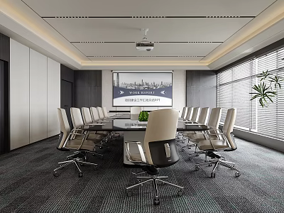 Modern Conference Room Interior With Long Table Chairs Projection Screen Windows And Blinds 3d model