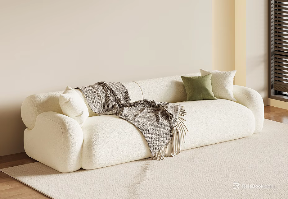 Cream Colored Sectional Sofa With Soft Throw Pillows And Cozy Blanket 3d model