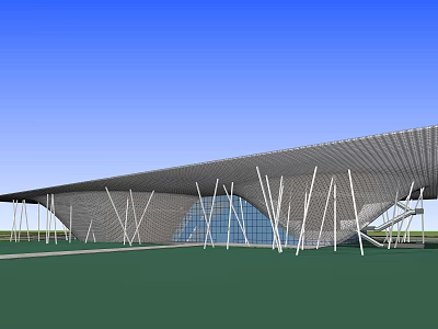 Modern Architectural Structure With Curved Roof Glass Facade White Supports Green Lawn Blue Sky 3d model