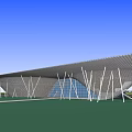 Modern Architectural Structure With Curved Roof Glass Facade White Supports Green Lawn Blue Sky