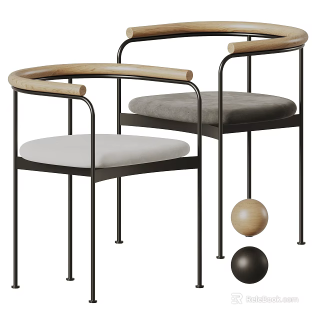 Modern Dining Chairs With Black Metal Frame Wooden Armrests And Gray Padded Seats 3d model 