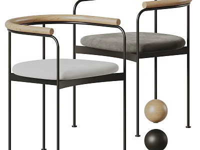 Modern Dining Chairs With Black Metal Frame Wooden Armrests And Gray Padded Seats 3d model
