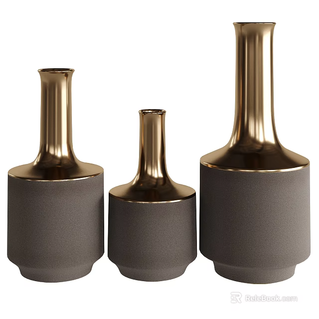 Three Modern Ceramic Vessels with Gray Body and Gold Neck Accents Design 3d model 