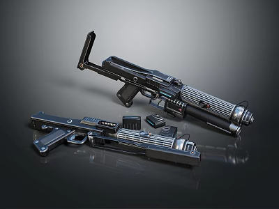 Futuristic Sci Fi Weapons With Metallic Design And Tactical Components 3d model