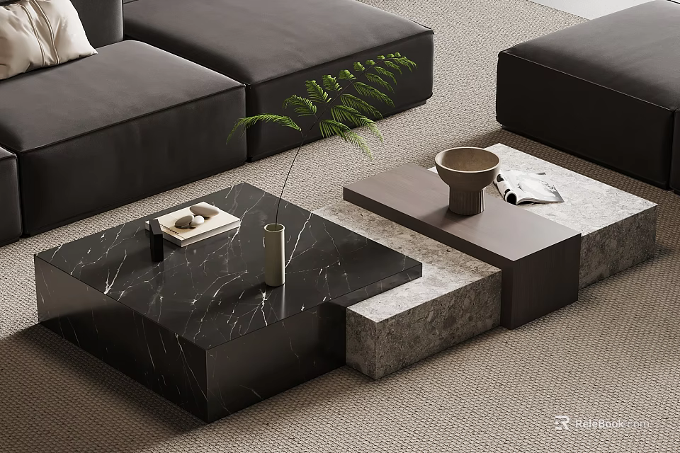 Modern Black Marble Coffee Table With Vase Tray Magazine And Grey Sofas 3d model