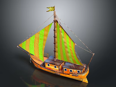 Orange Hull Sailing Boat With Green Yellow Striped Sails And Yellow Mast Flag 3d model