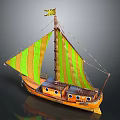 Orange Hull Sailing Boat With Green Yellow Striped Sails And Yellow Mast Flag