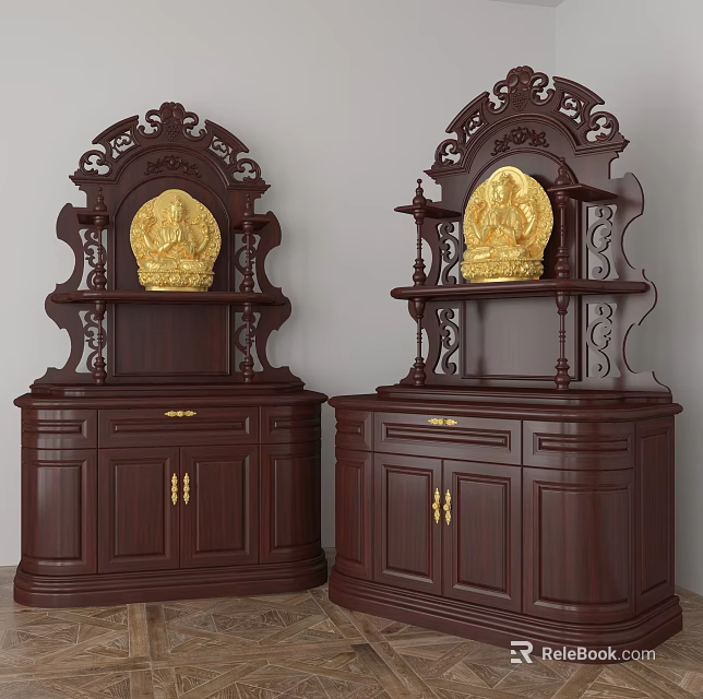 Traditional Dark Brown Buddhist Shrine Cabinet With Intricate Carvings And Golden Buddha Statue 3d model 