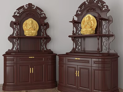 Traditional Dark Brown Buddhist Shrine Cabinet With Intricate Carvings And Golden Buddha Statue 3d model