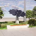 Garden Landscape Design With Solar Flower Structures Trees Shrubs Lawn And Stone Pavement
