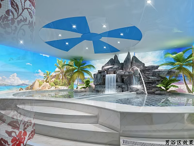 Tranquil SPA Sauna Space With Hot Tub Waterfall And Tropical Plants 3d model