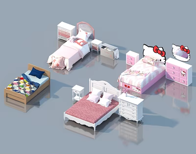 Cute Hello Kitty Kids Bed With Pink Bedding Bedside Table And Dresser 3d model