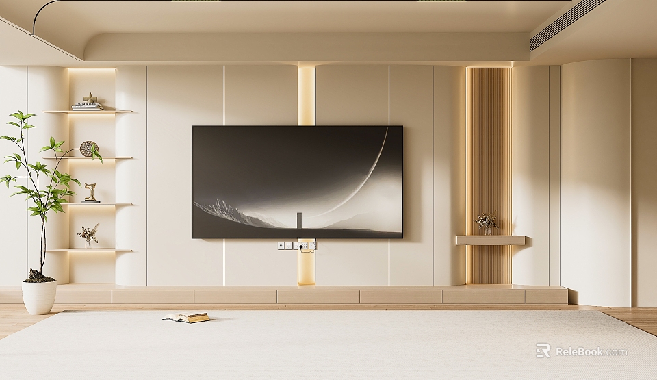 Modern TV Background Wall Design With Wooden Panels Warm Lighting And Display Shelves 3d model 