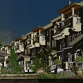 Elegant Garden Landscape With European Building Balconies Fountain Palm Trees And Lush Greenery