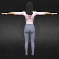 3D Female Character Wearing Pink Shirt and Blue Pants with Arms Outstretched on Black Background