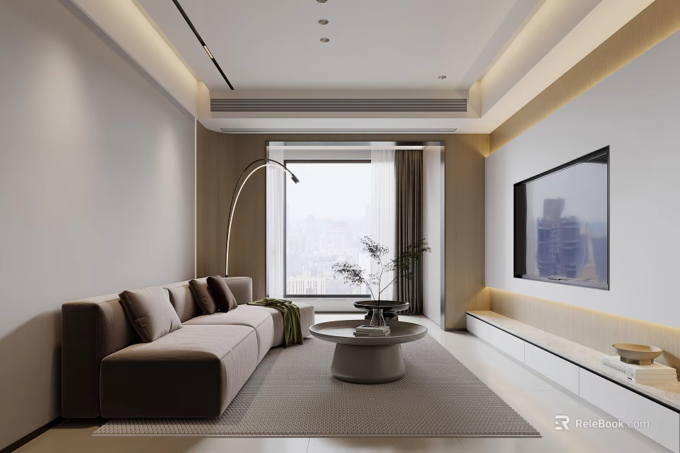 Modern Living Dining Room Interior with Comfortable Sofa Coffee Table and Floor to Ceiling Window 3d model