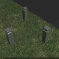 Three Pillar Shaped Outdoor Lights With Square Illuminated Tops On Grass Near Gray Wall