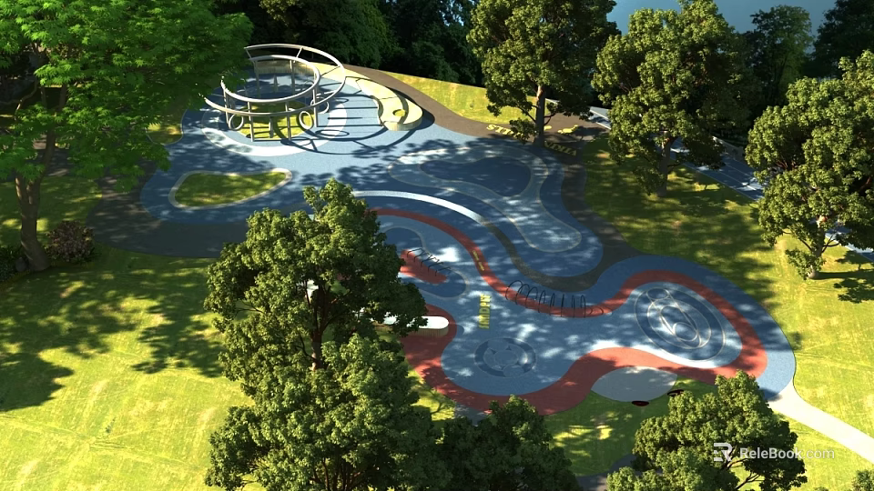 Outdoor Recreational Space With Colorful Pathways Surrounded By Trees And Play Structures 3d model 