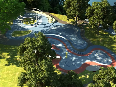 Outdoor Recreational Space With Colorful Pathways Surrounded By Trees And Play Structures 3d model