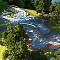 Outdoor Recreational Space With Colorful Pathways Surrounded By Trees And Play Structures