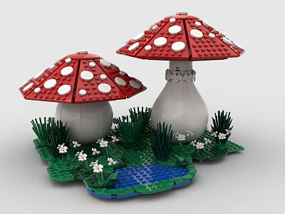 Lego Mushroom Build Featuring Two Red Mushrooms White Spots Green Grass White Flowers Blue Pond 3d model