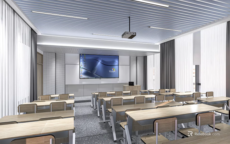 Bright Modern School Classroom With Large Screen Projector Wooden Desks And Chairs 3d model 