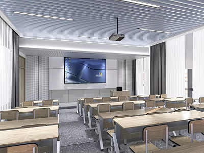 Bright Modern School Classroom With Large Screen Projector Wooden Desks And Chairs 3d model