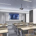 Bright Modern School Classroom With Large Screen Projector Wooden Desks And Chairs