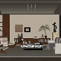 Modern Living Room Interior With Beige Sofa Wooden Bookshelf Olive Plant And Decorative Art