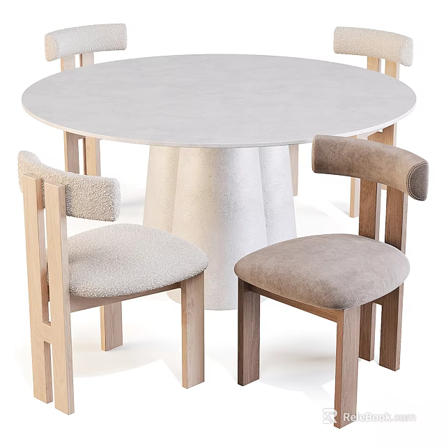 Elegant Modern Dining Table Set With Round Top And Wooden Upholstered Chairs 3d model
