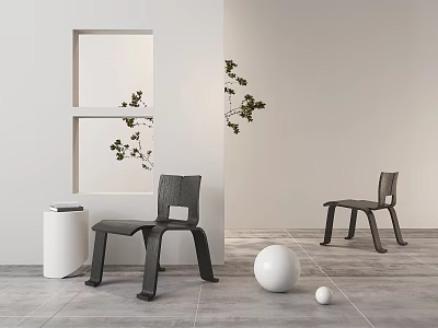Modern Minimalist Black Single Chairs in Interior with White Wall Window and Green Plant 3d model
