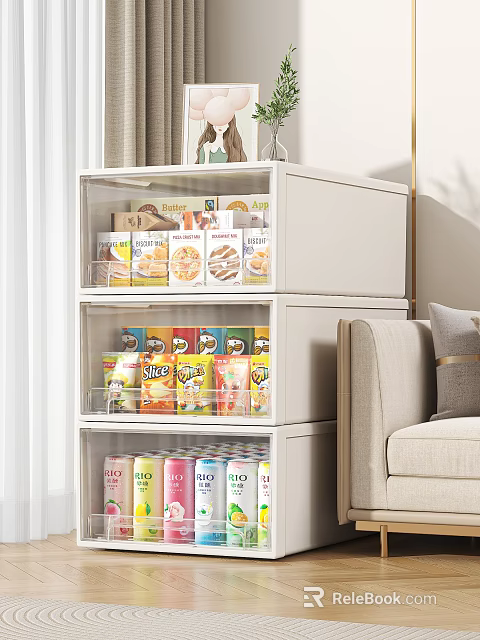 Organized Living Room Storage Cabinet With Transparent Drawers For Food Items 3d model 