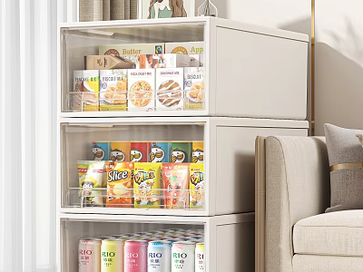 Organized Living Room Storage Cabinet With Transparent Drawers For Food Items 3d model