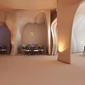 Cave Style Restaurant Interior Featuring Wooden Dome Arched Windows Tables Chairs And Warm Tones