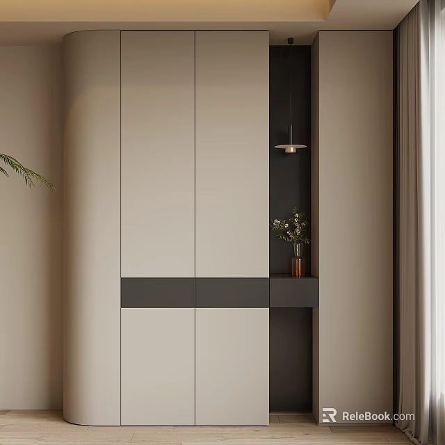 Modern Minimalist Shoe Cabinet With Beige Doors Black Drawer And Decorative Plant 3d model 