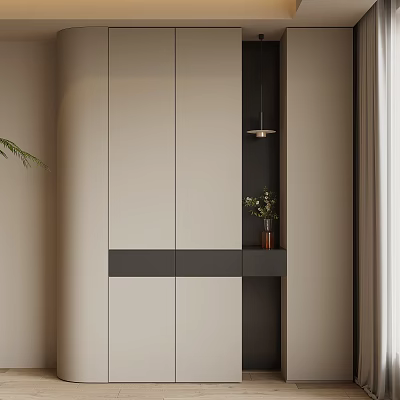 Modern Minimalist Shoe Cabinet With Beige Doors Black Drawer And Decorative Plant 3d model