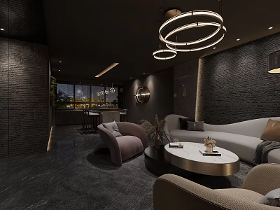 Modern Black SPA Sauna Lounge Area With Sofa Chandelier Night View And Windows 3d model
