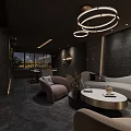 Modern Black SPA Sauna Lounge Area With Sofa Chandelier Night View And Windows