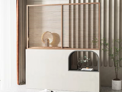 Modern Interior Featuring Arched Casement Window Wooden Frame White Low Cabinet And Green Plant 3d model