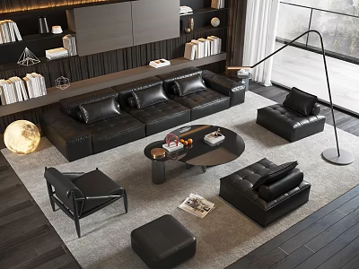Modern Black Leather Sofa And Coffee Table Set With Armchairs Ottoman And Floor Lamp 3d model