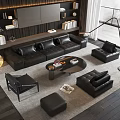 Modern Black Leather Sofa And Coffee Table Set With Armchairs Ottoman And Floor Lamp