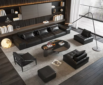Modern Black Leather Sofa And Coffee Table Set With Armchairs Ottoman And Floor Lamp 3d model