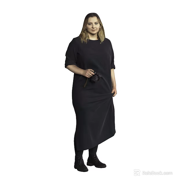 Woman in black long dress holding camera standing against gray background 3d model 