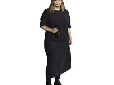 Woman in black long dress holding camera standing against gray background 3d model