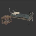 Vintage Metal Bed Frame With Wooden Nightstand Holding Books And Blue Mattress