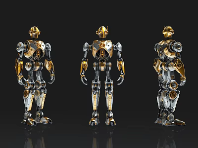 Game Movie Robot Character Three Angles View With Shiny Metallic Gold Silver Design 3d model