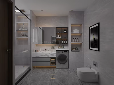 Modern Bathroom Interior Design With Shower Area Large Mirror Vanity And Washing Machine 3d model